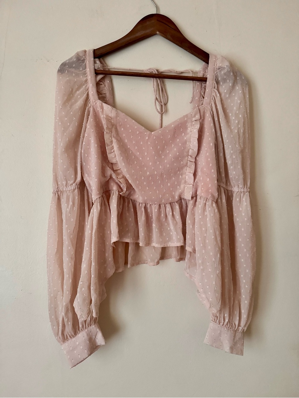 ACOA Romantic Pink Swiss Dot Ruffle Peplum Blouse - Size L